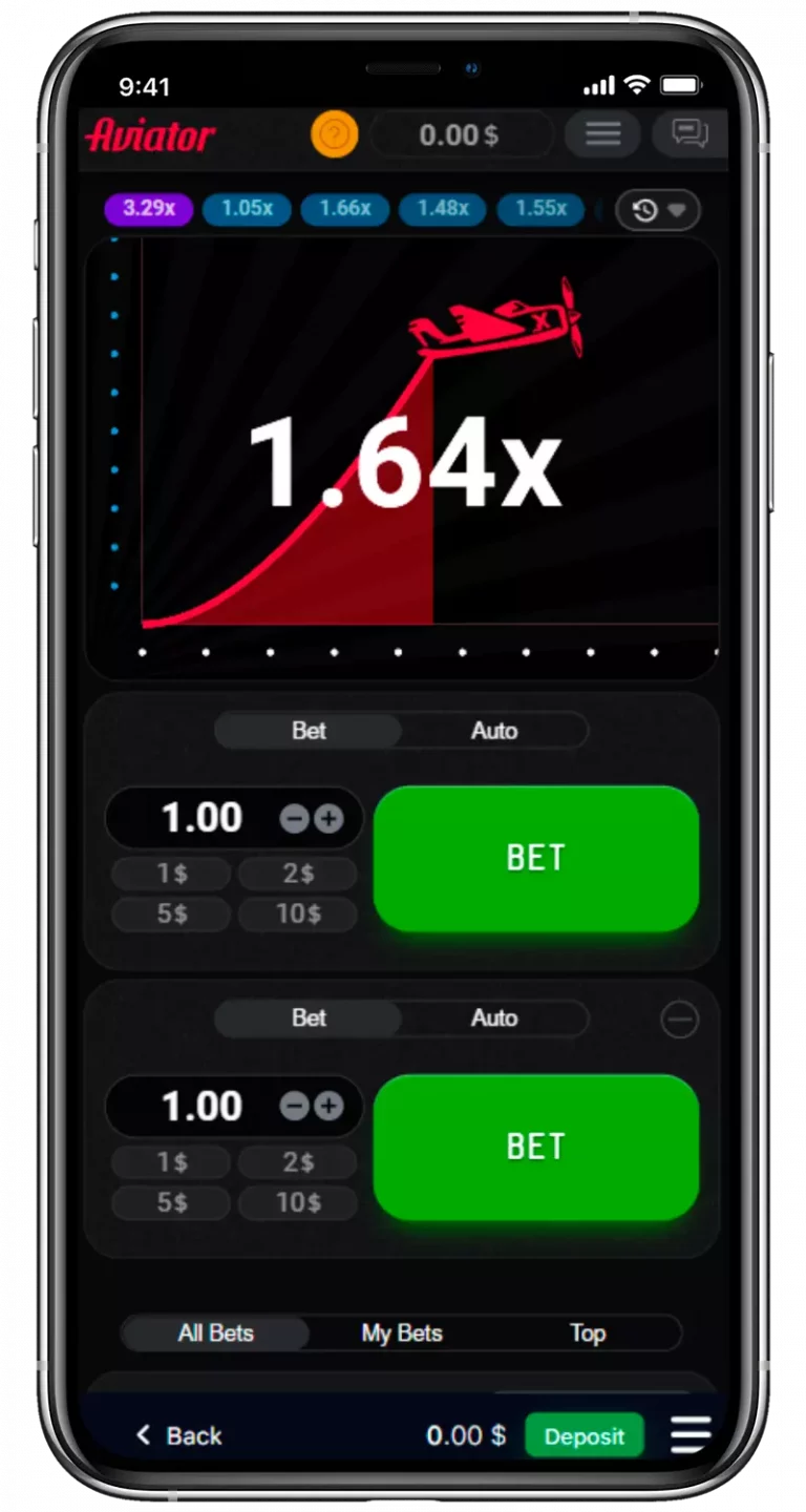 A cell phone displaying Aviator game interface with increasing miltiplier and betting options