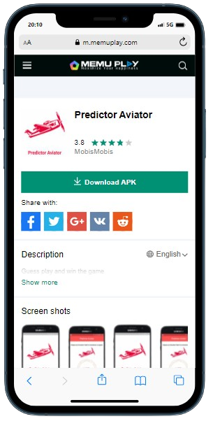 A cell phone displaying Predictor Aviator for downloading APK file