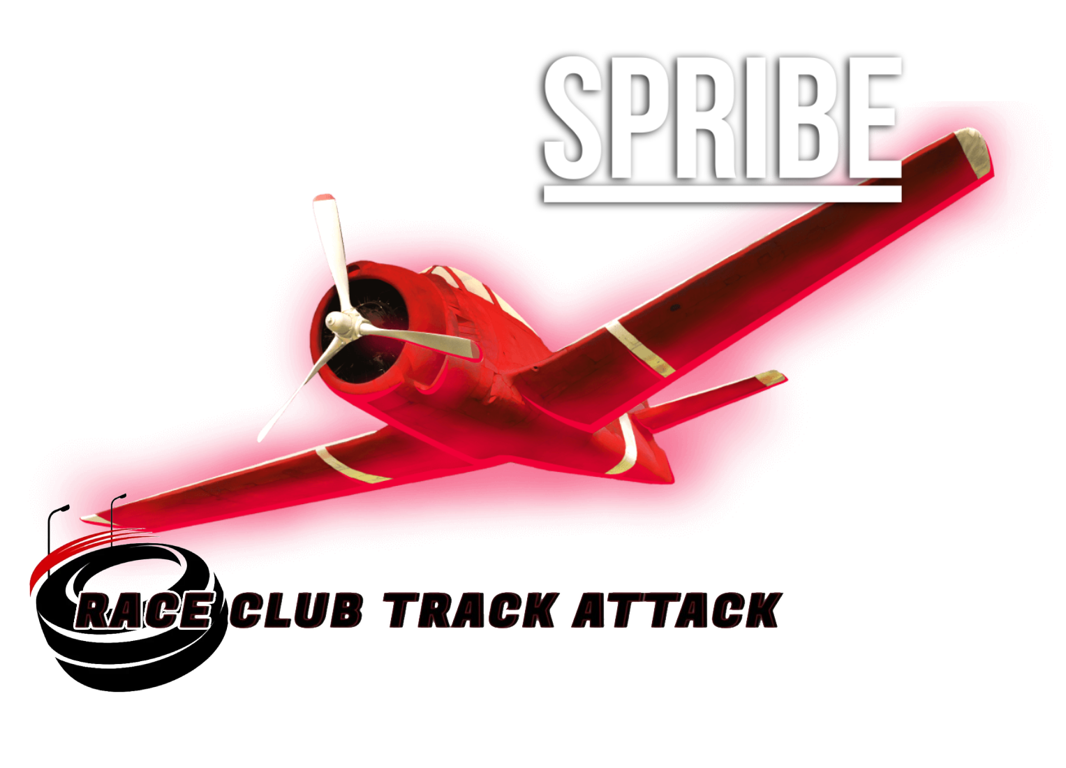 A flying red plane with Spribe and Trackattackracingclub logos
