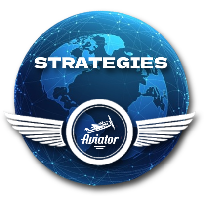 A blue earth background with Aviator game logo in circle and wings, and text 'Strategies'