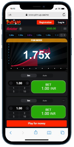 A cell phone displaying Aviator demo version with increasing miltiplier and betting options