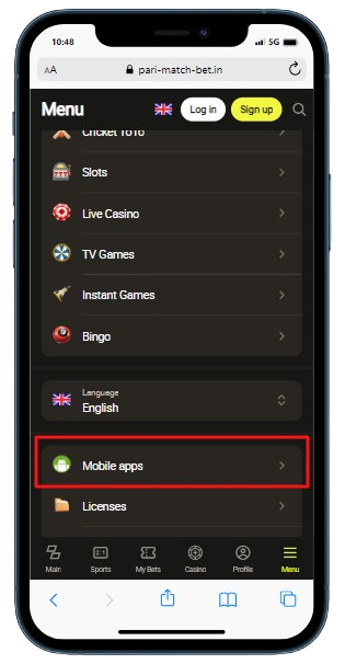 A cell phone displaying casino burger menu with highlighted 'Mobile apps'